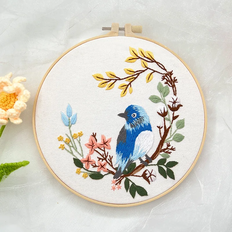 Flower Birds Embroidery Kit 3pcs/set with 3 Stamped Clothes 3 Instructions 6 Needles 1 Scissor 1 Threader 3 Floss for Home Decor