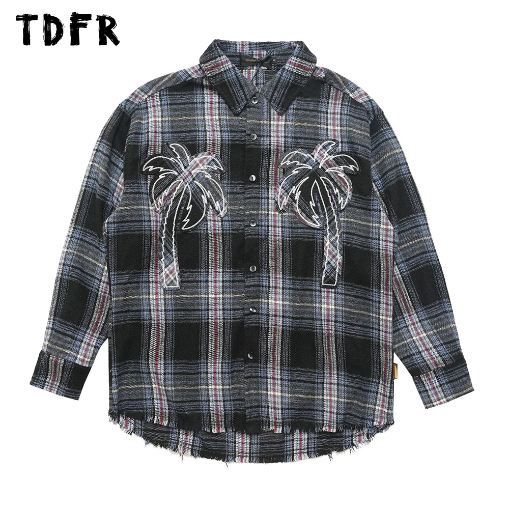 

Plaid Shirt Long Sleeve Mens Autumn Retro Casual Loose Lapel Single Breasted Curved Hem Raw Edge Men Top