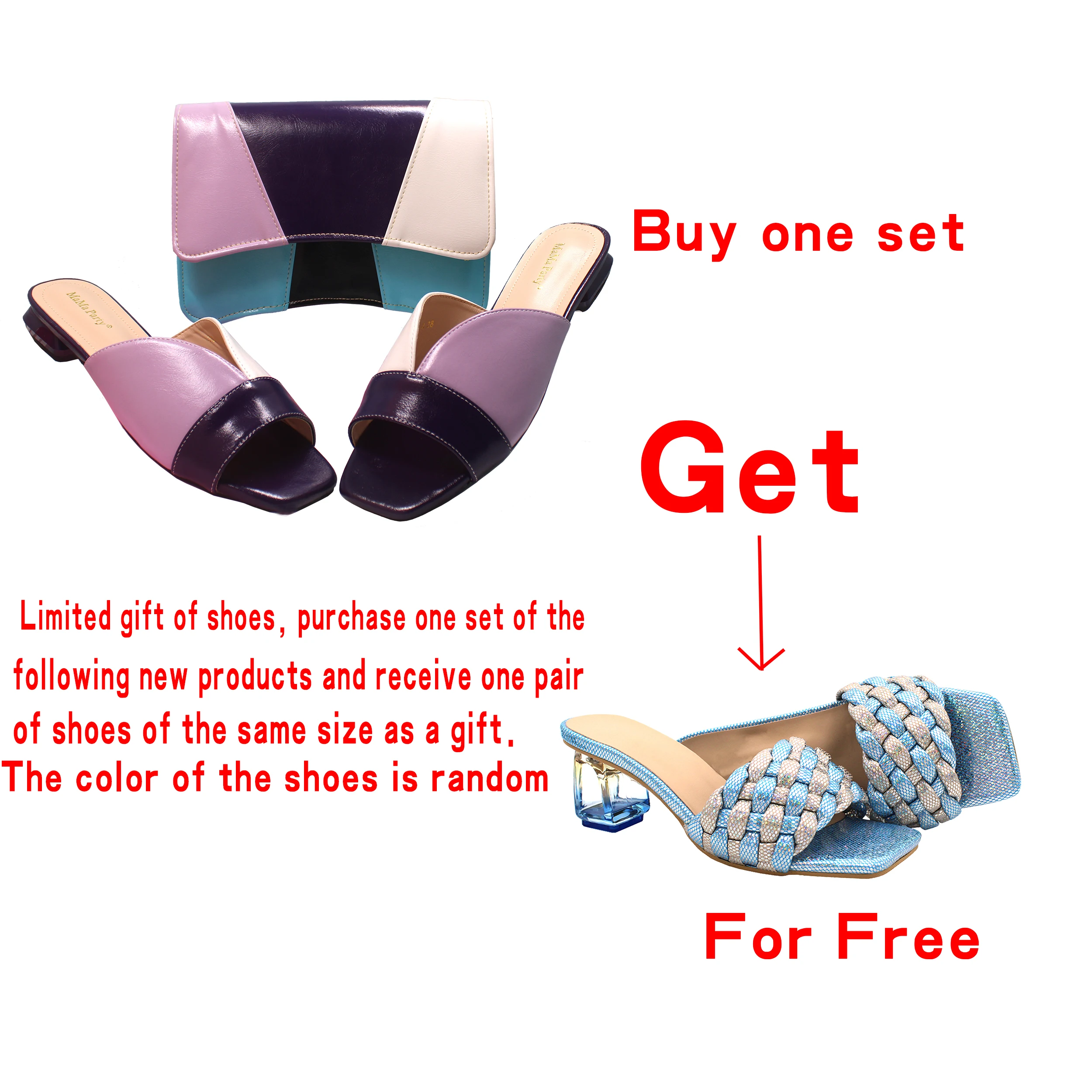 

Buy One Get One Square Heels Fashion New Design Italian Women Shoes and Bag Set Special Slipper for Garden Party