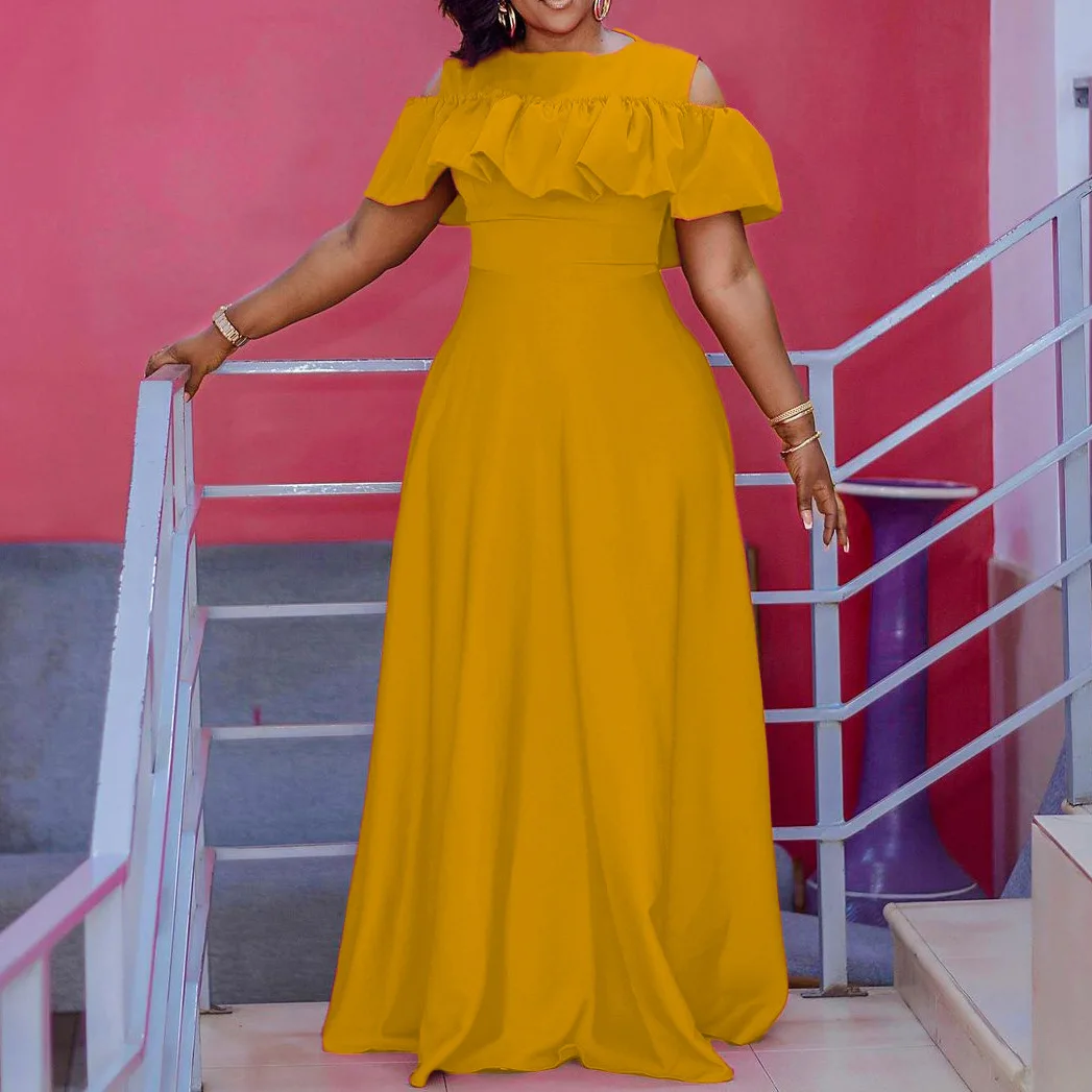 

2022 Summer African Women Short Sleeve Round Neck Yellow White Rose Red Knee-lenght Dress S-3XL African Dresses for Women