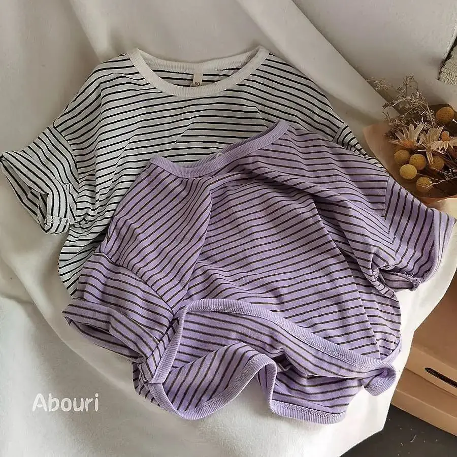

Korean Baby T-shirt Loose Striped Pure Cotton Short Sleeve T-shirt 2023 Summer New Boys and Girls' Top