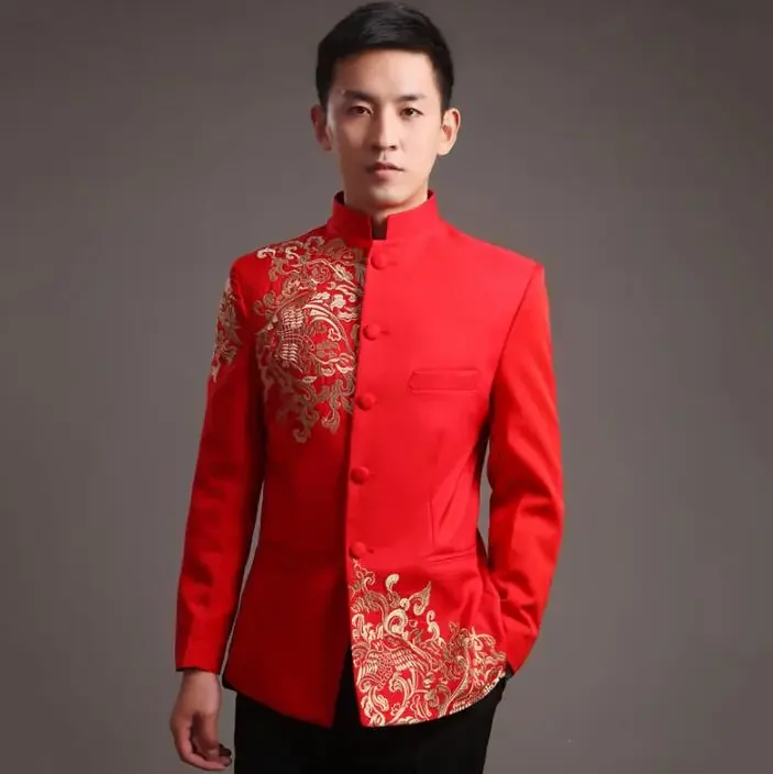 Traditional Chinese Jacket Groom Tang Vintage Clothing Wedding Men Red Coat Embroidery Zhongshan Blazer
