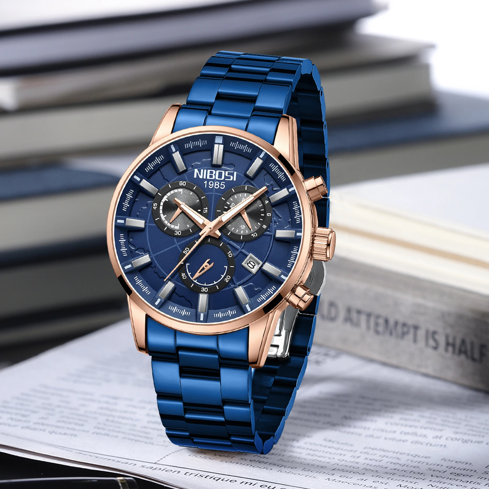 NIBOSI-Reloj de pulsera de acero inoxidable para hombre, cronógrafo luminoso, resistente al agua, de cuarzo, con fecha