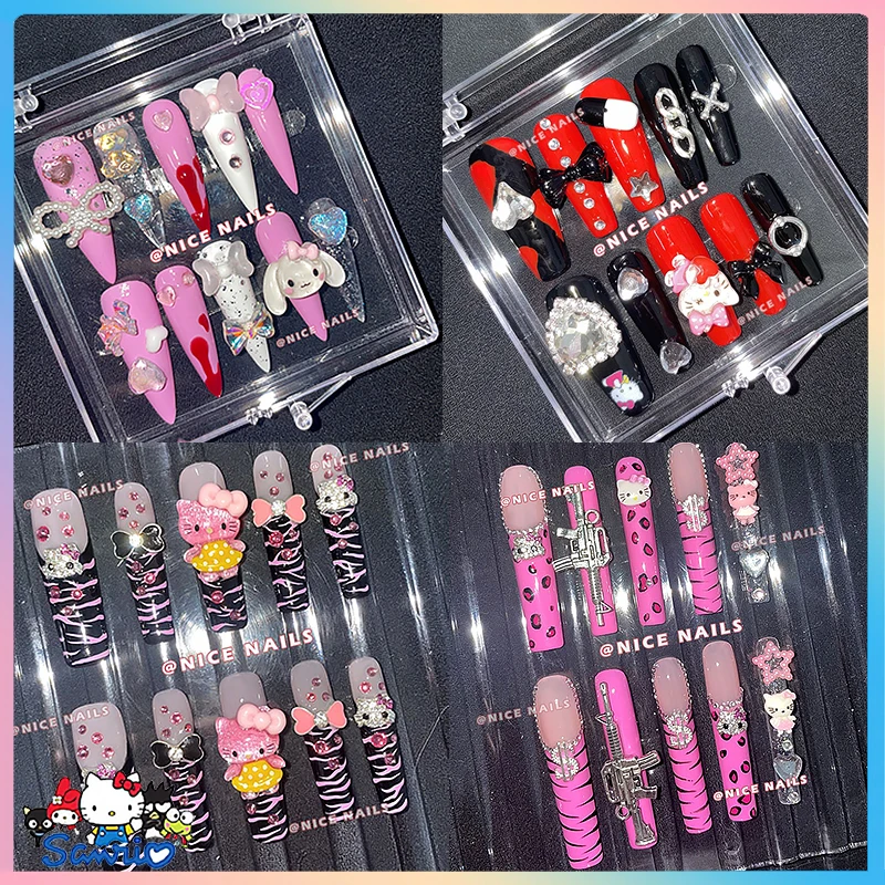

Sanrios Hello Kitty False Nail Cinnamoroll Melody Pompompurin Y2K Kuromi Wearing Armor Charm Long Nails Decoration Manicure Gift
