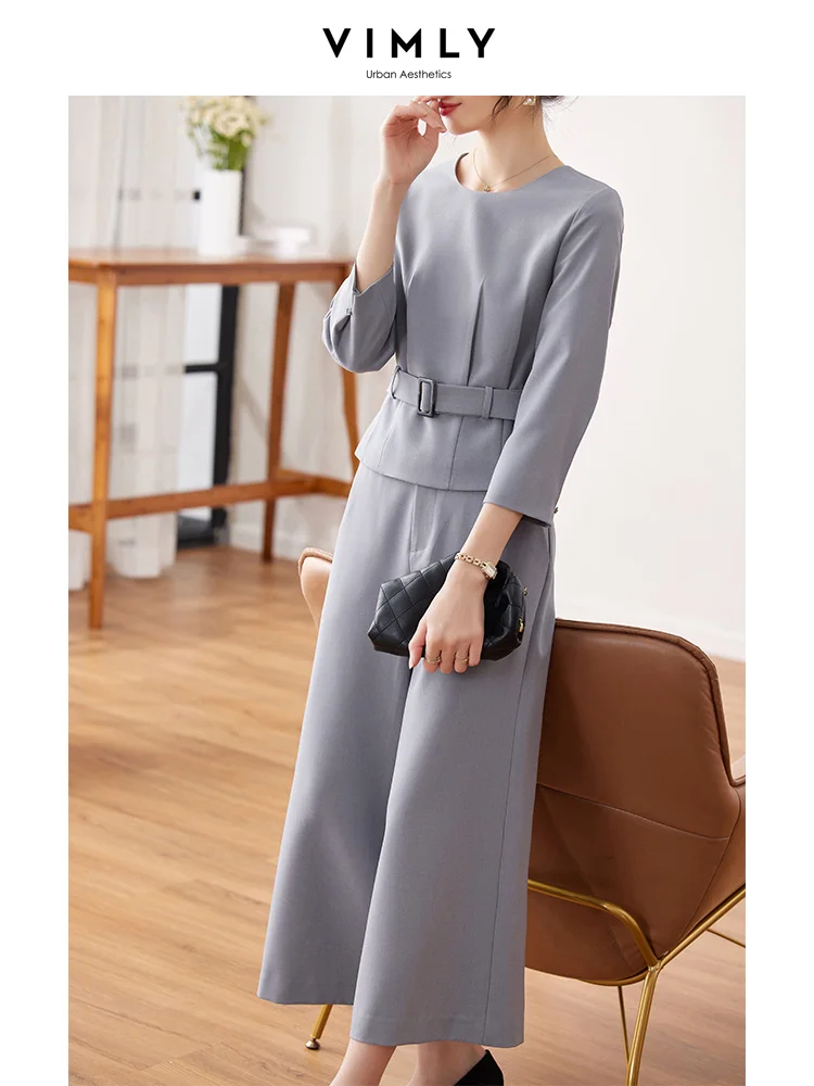 

Vimly Elegant Office Ladies Two Piece Wide Leg Pant Sets for Women 2023 Belted Slim Blouses and Pants Spring Summer Outfits