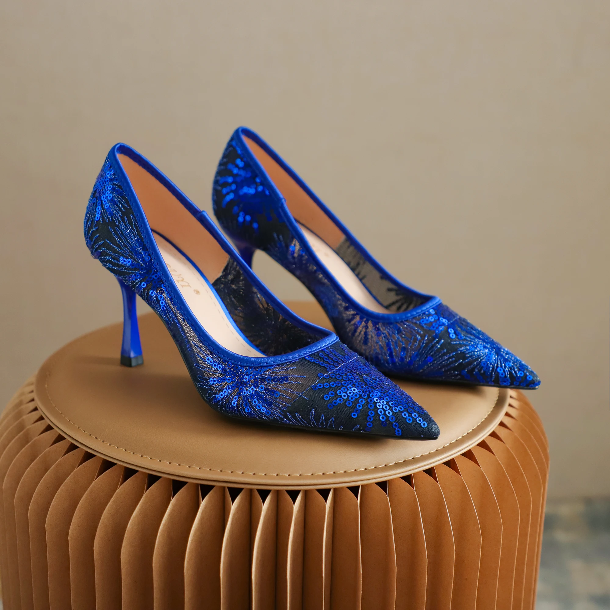 Xibeilove New 2024 Summer Mesh Breathable High Heel Pointed High Heel Shoes Women's Single Shoes Blue Banquet Shoes