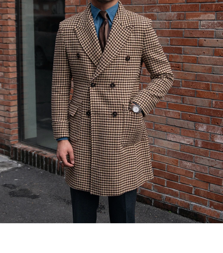 Description Picture 3 of itemMen's Polo Coat Houndstooth Double-breasted Long Slim Elegant UK Fashion Winter Plaid Long Jacket Male Clothing