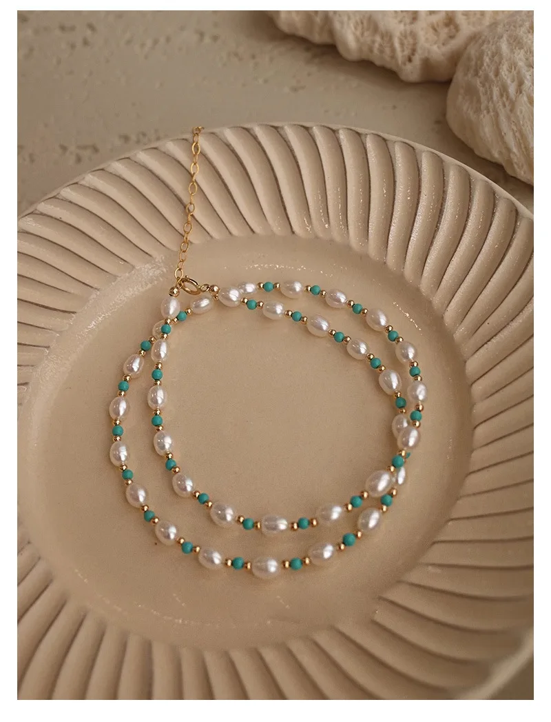 100% Natural Freshwater Pearl & Turquoise Stone 14K Gold Filled Female Jewelry Set For Women Necklace Bracelet Christmas Gifts 6