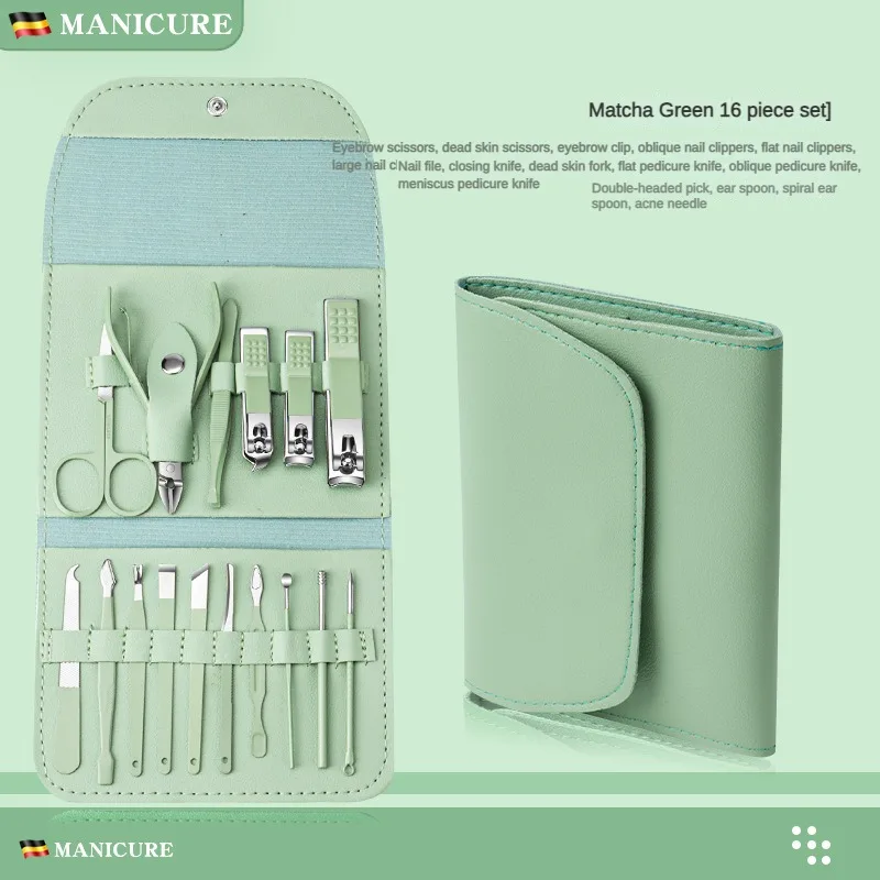 Nail Clippers Suit Full Set 16Set Manicure Implement Stainless Steel Clippers Suit Matcha Green Nail Scissors