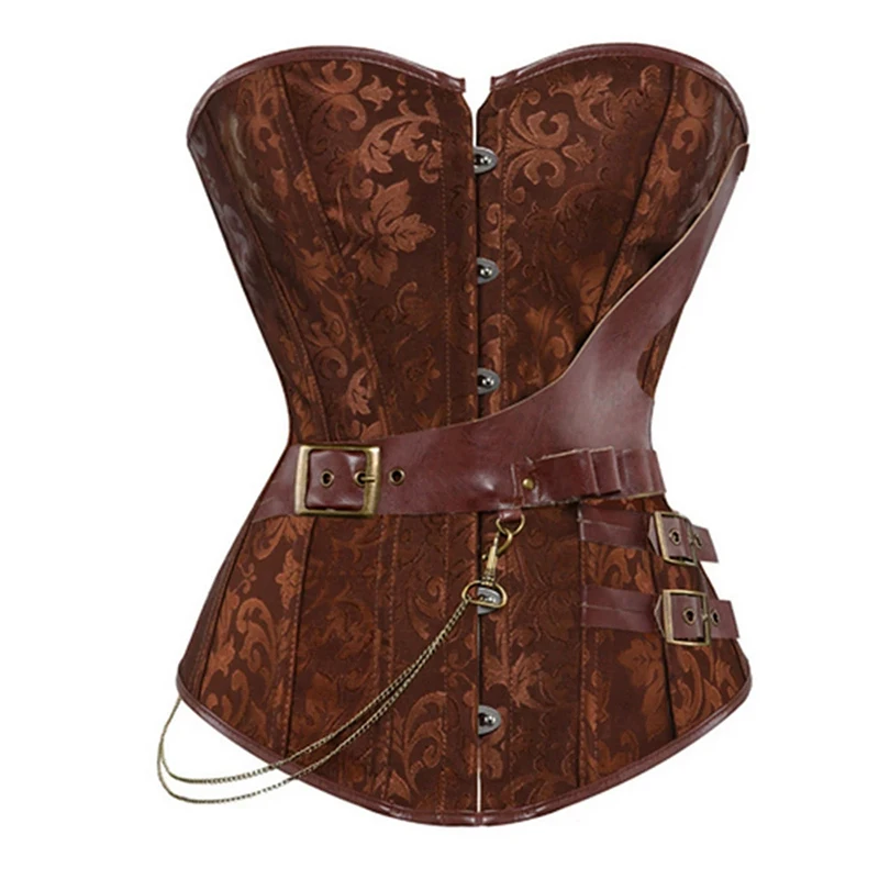 Bustier victorien vintage gothique français pour femme, marron, en PU, avec lacets, baleines en acier, effet gainant, taille nouée et ceinture 1 Bustier victorien vintage gothique français pour femme, marron, en PU, avec lacets, baleines en acier, effet gainant, taille nouée et ceinture 1