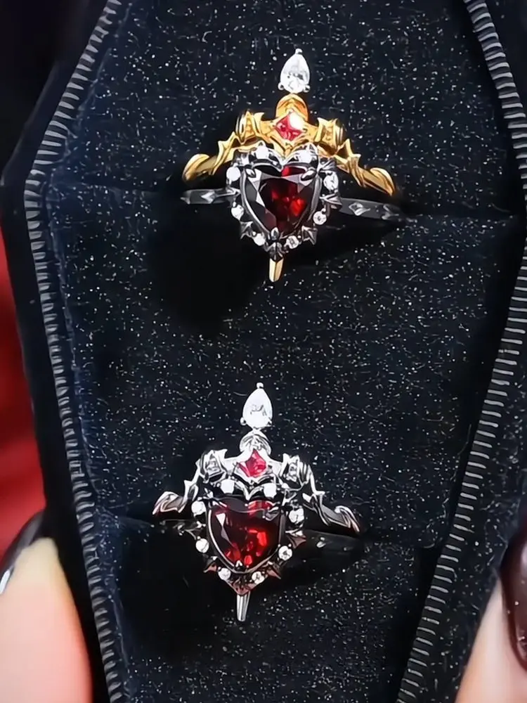 Anelli a Forma di Cuore e Spada Componibili per Donne e Uomini, Coppia, Colore Argento e Oro, Anello Aperto Regolabile, Gioielli alla Moda - immagine 4