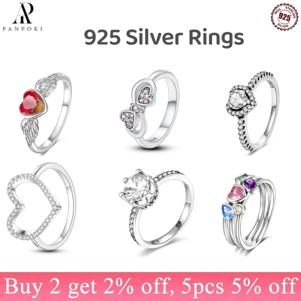 Panpoki 925 Sterling Silver Women Rings Zircone Red Heart Wing Decoration Fashion Gift Rings Guardian Love Ring Gioielleria Raffinata