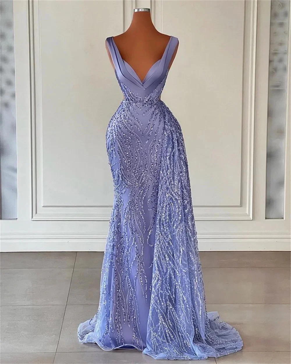 Vestido de noche de lujo de sirena azul, manga de diamante con cuentas de Dubái, diseño de vestir Formal, LA70757, 2025