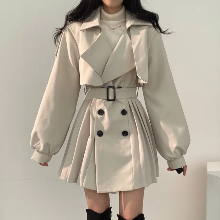 [EWQ] Korean Chic Black Lapel Double Breasted Lace Up Waist Lantern Sleeve Pleated Windbreaker Coat Female Fashion 2022 16E4792 best winter jackets