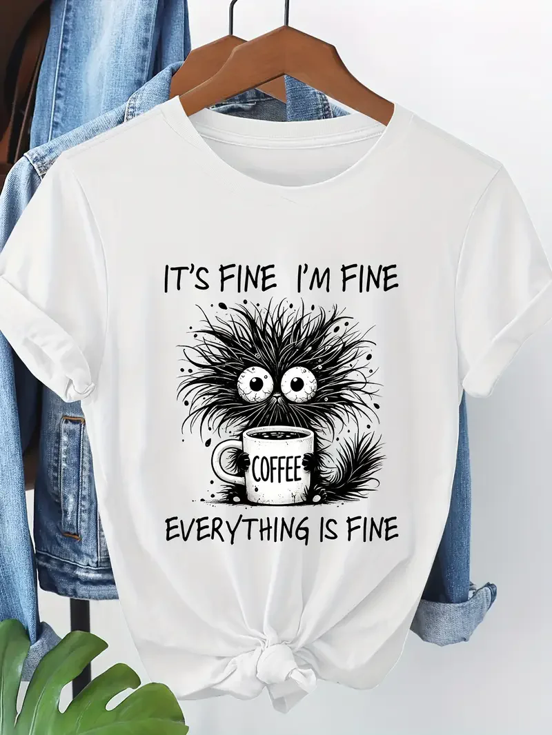 Funny Design T Shirt Short Sleeve T-Shirt Whimsical Cat and Coffee Graphic Print Women's T-Shirt Clothing Women's Top Tee 2