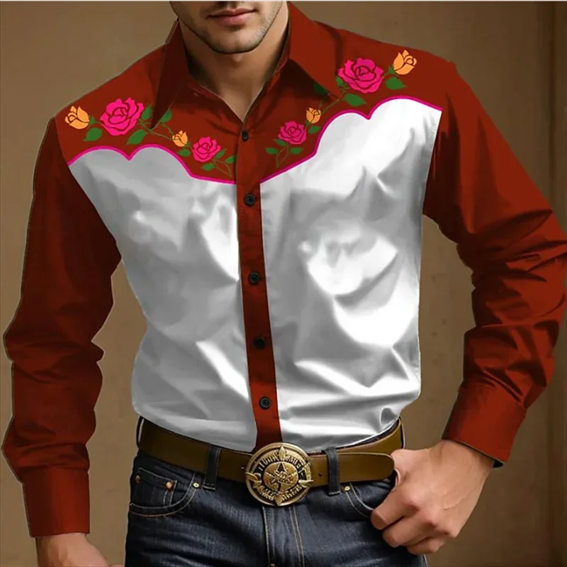 Men's Denim Print Western Shirt button-up Shirt Outdoor Festival Men's top Soft and comfortable vintage lapel shirt