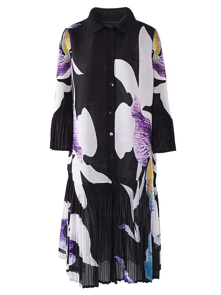 LANMREM 2024 New Pleated Print Dress For Women Fashion Lapel Single Breasted Loose Long Contrast Color Female Dresses 2DA4600 - Image 5