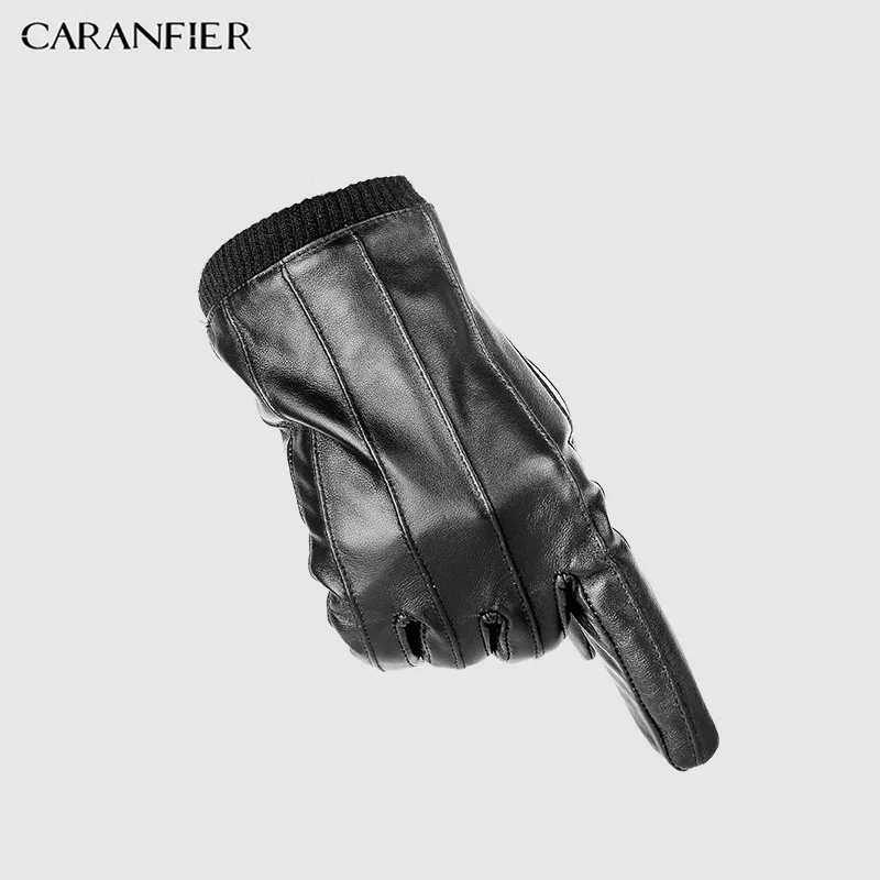 CARANFIER Men Top Genuine Sheepskin Gloves Winter Outdoor Plus Velvet Warm Man Guante Touch Screen Elastic Wrist Driving Riding