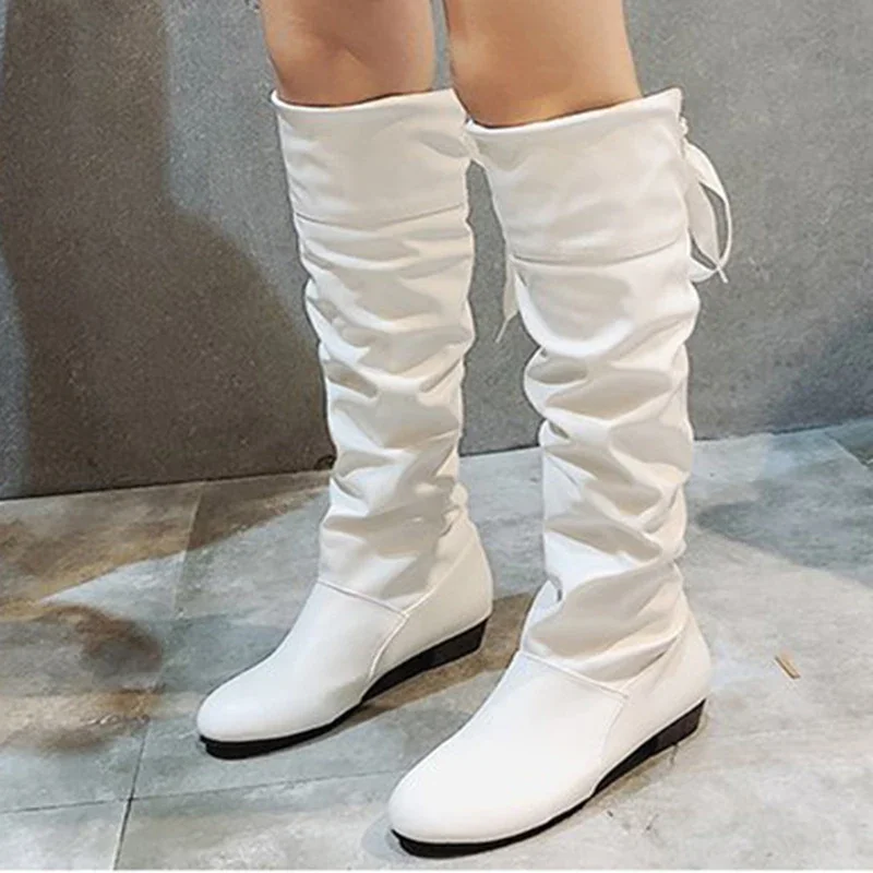 

Shoes For Women 2023 Spring Knee High Boots Red Black White Tall Boots Woman Pleated Low Heel Casual Leather Female Long Shoes