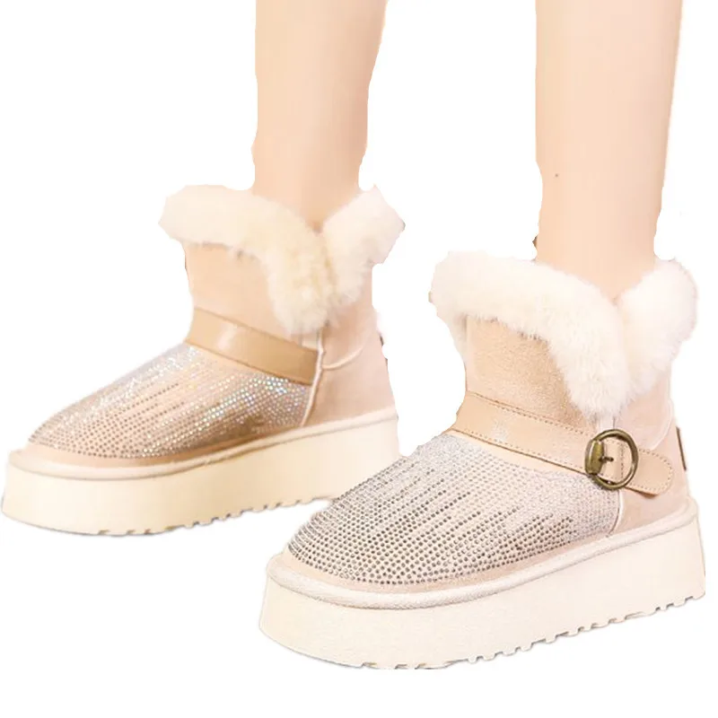 Diamond Women Snow Boots Winter Warm Ankle Boots Furry Suede Upper Non-slip Thicken Cotton Shoes Outdoor English Style Fashion