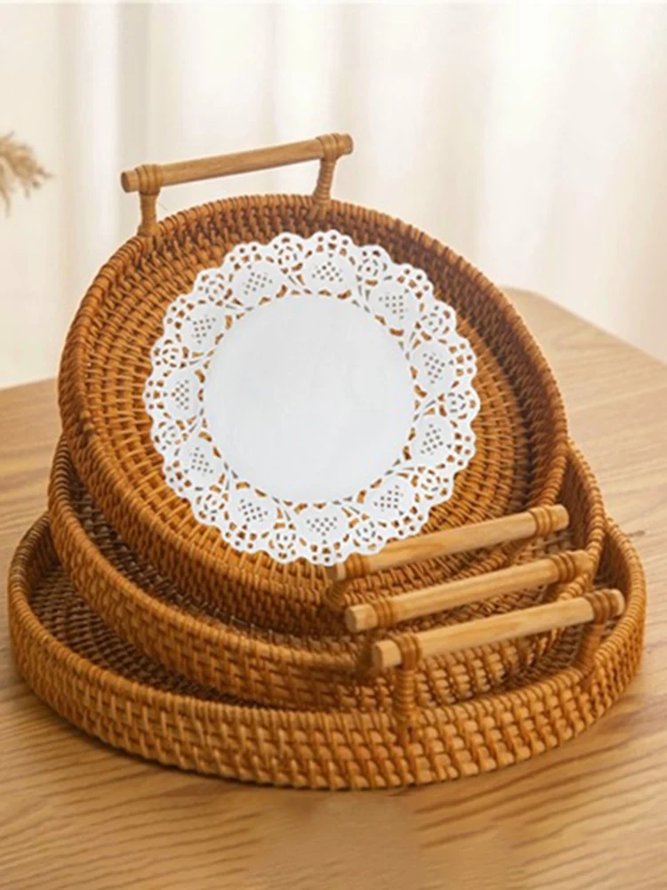Description Picture 2 of item1PC Rattan Strap Handle Storage Basket Bread Snack Fruit Round Round Tray Picnic Woven Storage Basket