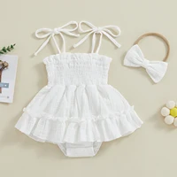 Toddler Baby Girls Summer Romper Dress Casual Sleeveless Shoulder Strap Bodysuits with Hairband Children 0-18 Months Outfits 5