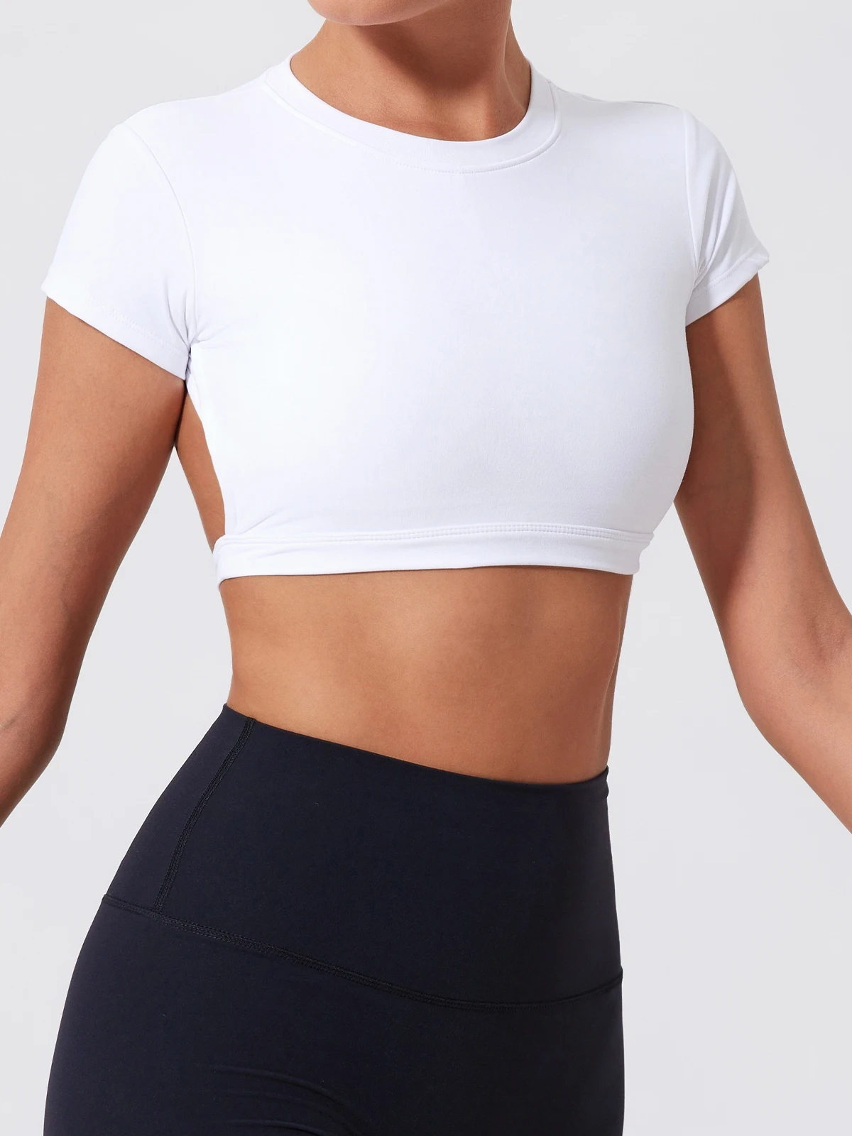 Women Crop Top - Backless Sports Crop Tee With High Compressive Waistband
