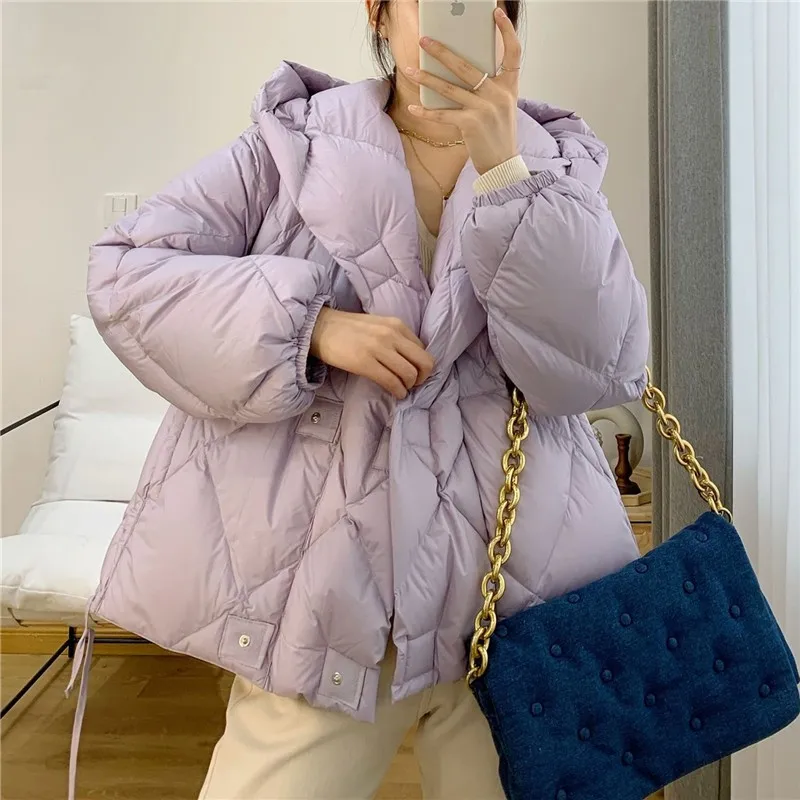 

Winter Hooded Puffer Coat Women 90% White Duck Down Coat Short Jacket Light Warm Parkas Female Casual Loose Outwear