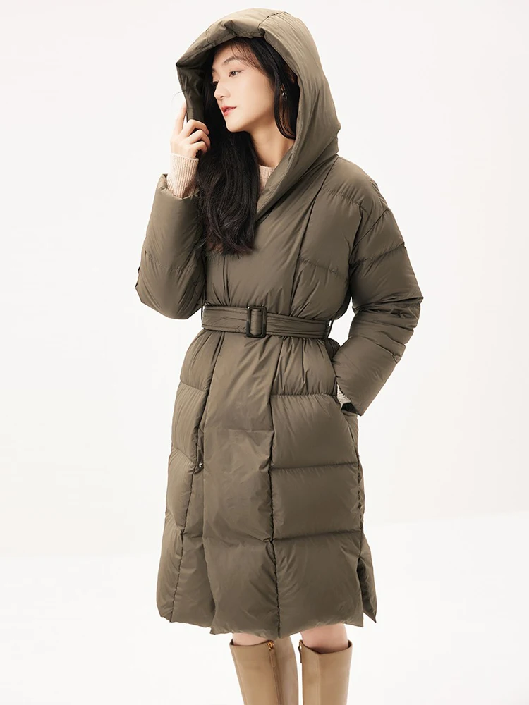 High quality Women Hooded Down jacket Loose Solid warm 2023 Winter Female Long Puffer Coat With belt Fashion Clothes INKEO 3O085
