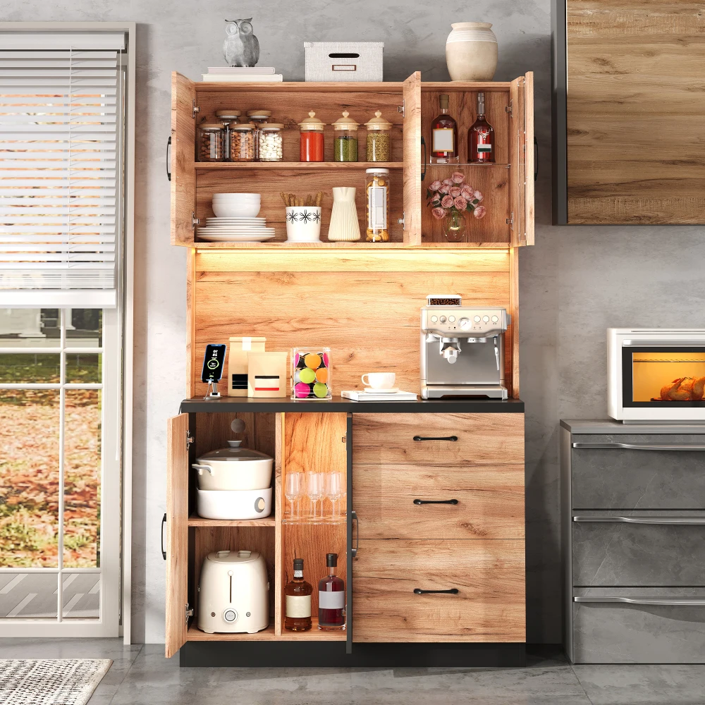 Stilvoller Küchenschrank, Schwarze Arbeitsplatte, Sideboard mit Verstellbarer LED-Beleuchtung und Steckdose, für Küchen, Esszimmer, Wohnzimmer – Detail 20