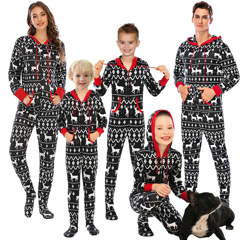 parent-children clothing Hooded long sleeves One-Piece Family Christmas Halloween Pajama Set boys and girls Zipper printed suit