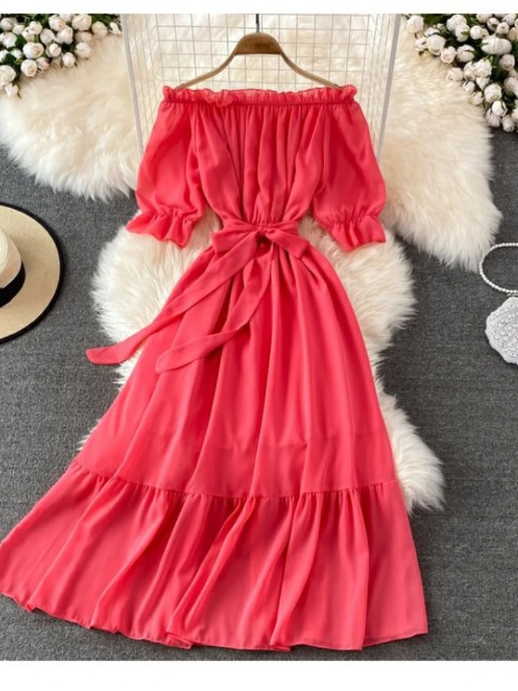 Beach Dress Women Sexy Off The Shoulder Slash Beach Chiffon Dresses Ladies Elegant A Line Bandage Party Dress Long Robe