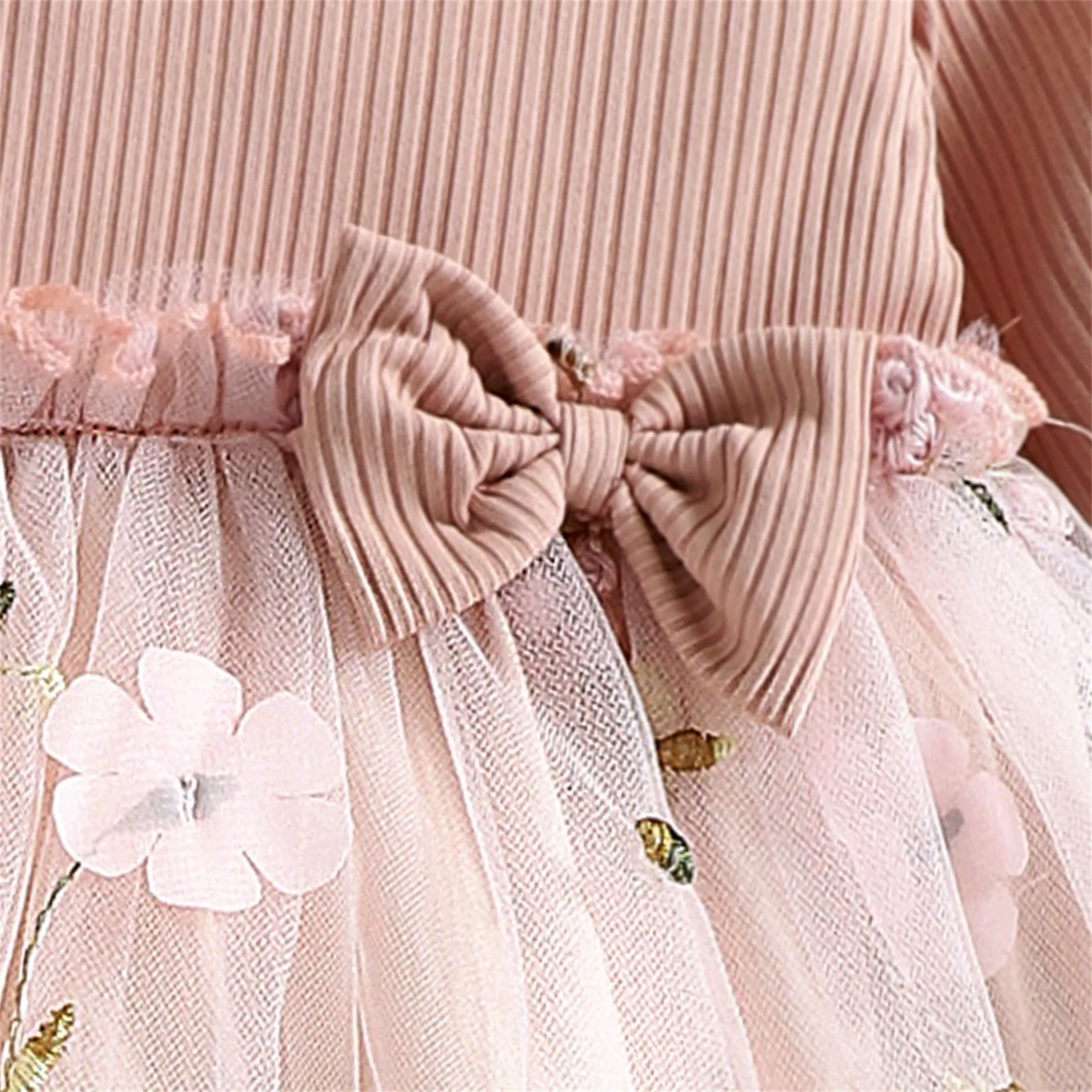PatPat Baby Dress Baby Girl Clothes New Born Infant Party Dresses Pink Ribbed Bowknot Floral Mesh for NewBorn Kids Birthday
