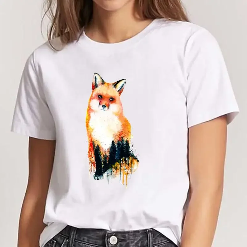 

Футболка женская с круглым вырезом, модная Милая рубашка с акварельными рисунками животных, топ с коротким рукавом и графическим принтом, одежда