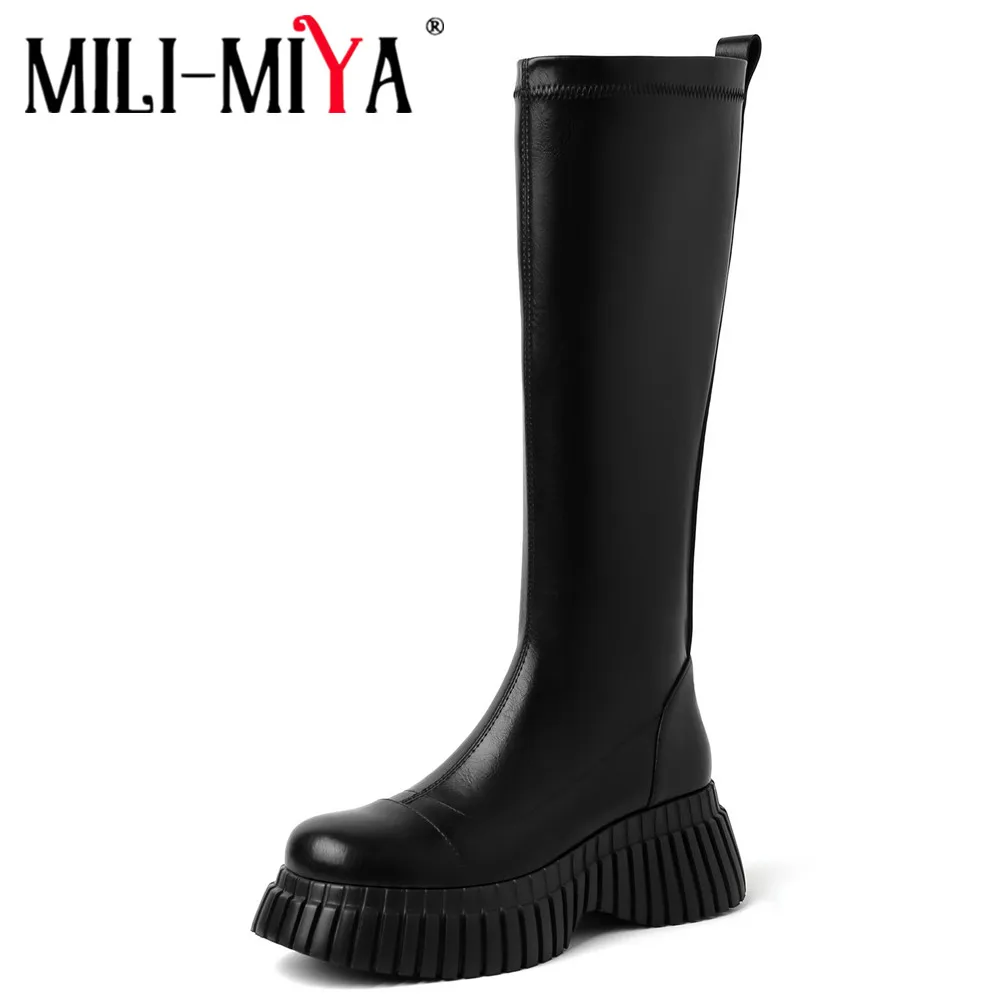 

MILI-MIYA New Arrival Non-Slip Thick Sole With Flat Heel Women Cow Leather Knee High Boots Stretch Shaft Round Toe Winter Shoes