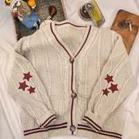 Chic Vintage Star Print Knitted Cardigan Preppy Cute Button Up V Neck Long Sleeve Coat Autumn Y2K Aesthetics Retro Sweater - Image 3