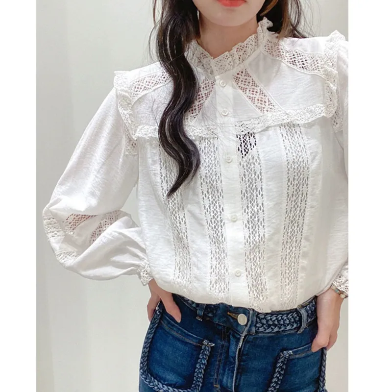 

2024 Spring New Women Shirt Hollow Out White Long Sleeve All-Match Single Breasted Lace Splices Ladies O-Neck Blouse Tops