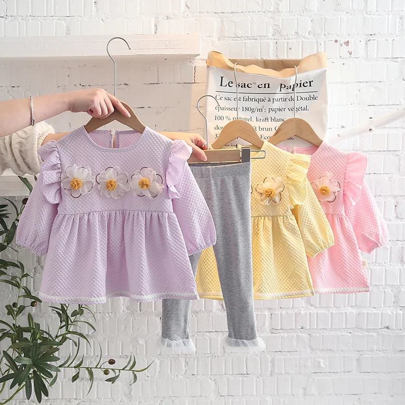 angel baby suit OLEKID 2022 New Spring Autumn Girls Clothing Set Long Sleeve Flower Girl Dress Cotton Leggings Pants Baby Girls Clothes Suit children's clothing sets expensive