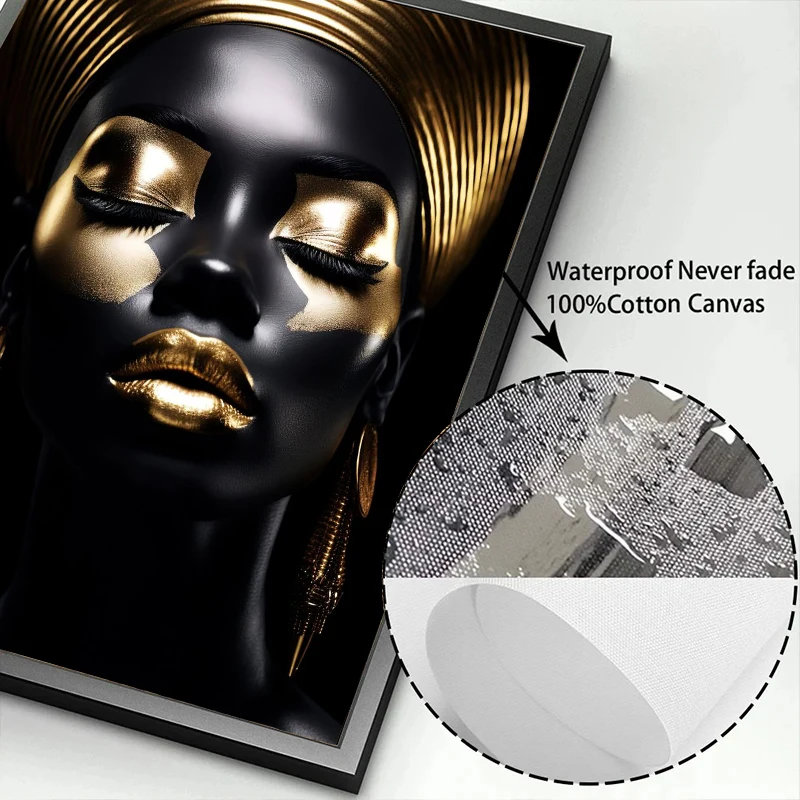 Elegant African Black and Gold Woman Portrait Canvas Art for Modern Living Room Decor