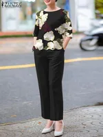 ZANZEA 2PCS Fashion Short Sleeve Floral Blouse Pant Sets Women Office Work Suit Summer Tracksuits Elegant Matching Sets Oversize - Image 2