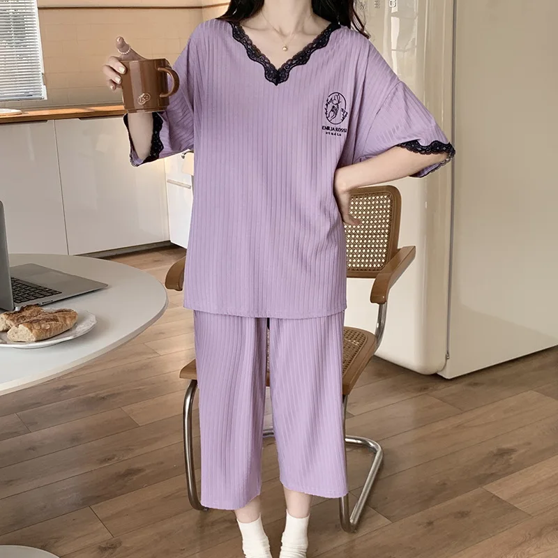 Women's Pajamas Set Short-sleeved Capri Pants Home Pijima Loose Two-piece Suit For Homewear Sleepwear V Neck Female Pyjamas