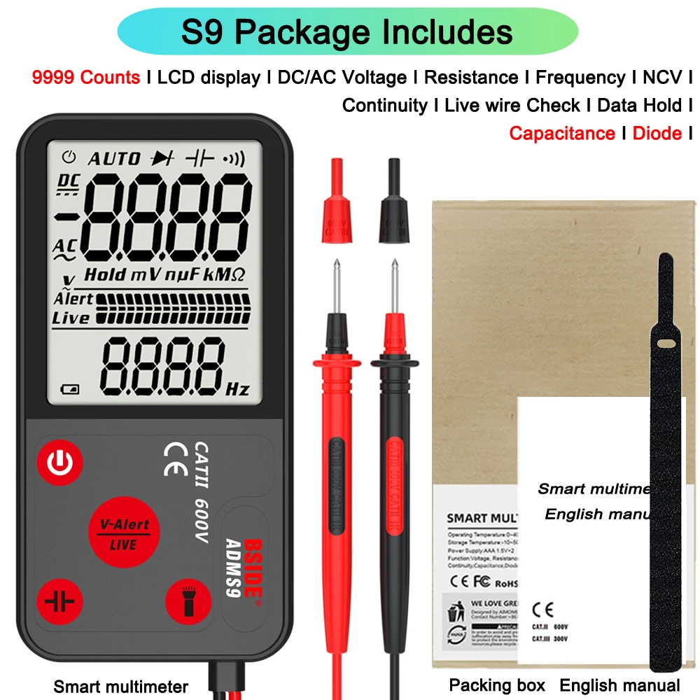 BSIDE Noul multimetru digital Smart 9999 Tester de tensiune DC/AC Diodă de rezistență la capacități NCV HZ Test de detectare a firului în stare de tensiune_voghion.com