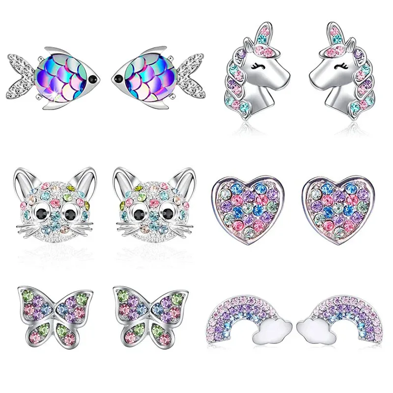 Stud Earrings Cute Unicorn Stud Earrings for Little Girl Kids Crystal Cat Butterfly Rainbow Heart Star Earring Christmas Gift Jewelry