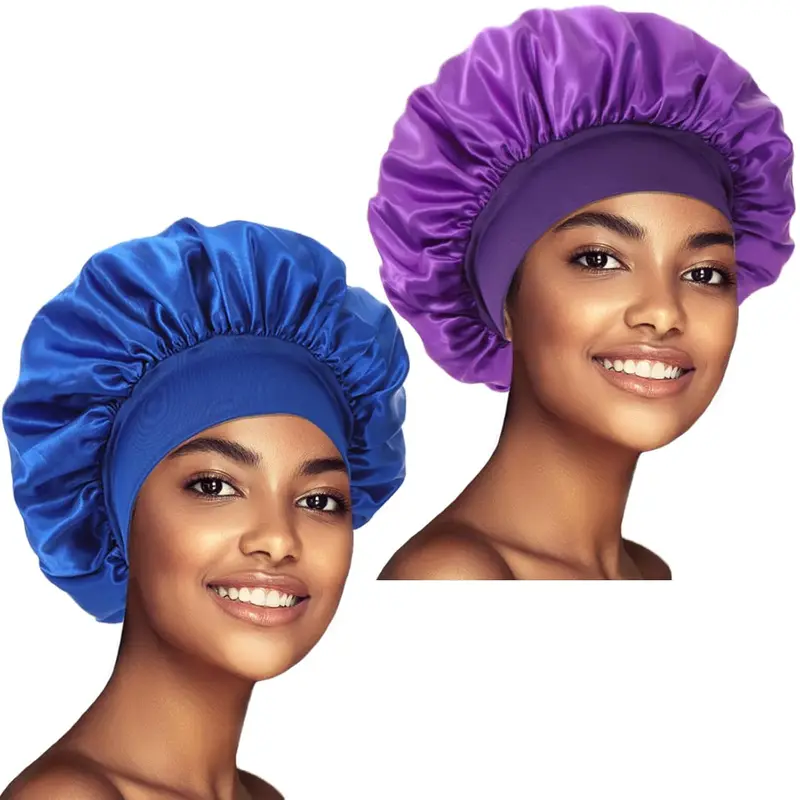 Satin Bonnets Night Sleeping Cap Large Elastic Wide Soft Band Colorful Silk Hat for Curly Hair Care Beauty Makeup for Women