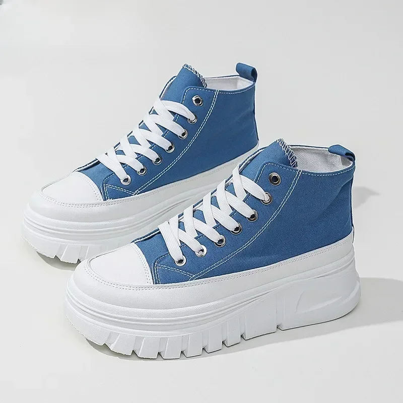 Women's Casual Height Increased Shoes Solid Color Versatile Canvas Shoes High Top Lace Up Flats Comfortable Breathable Female 3
