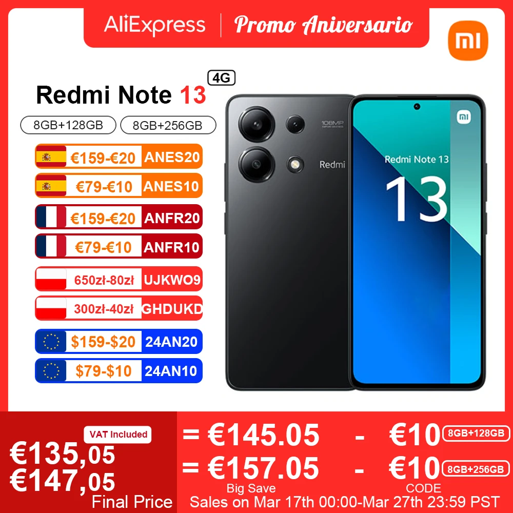 144.56€ 43% OFF|Xiaomi redmi note 13 4g Smartphone globale Version 6.67 ''amoled 120hz 108mp hintere Dreifach kamera Snapdragon Prozessor mah| | - AliExpress