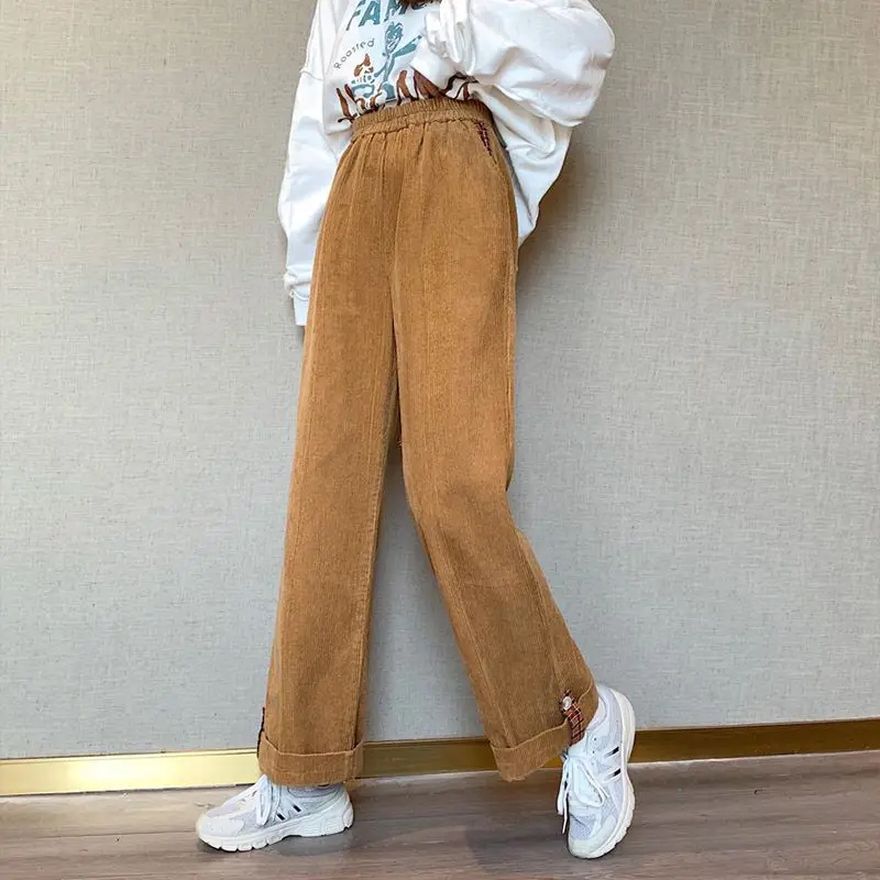 Vintage Corduroy Straight Pants Autumn Winter Elastic Waist Solid Loose All-match Wide Leg Pants Casual Fashion Women Clothing