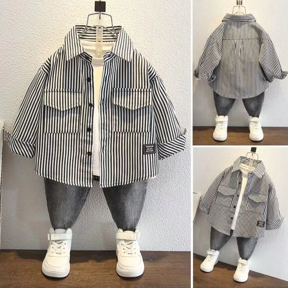 Boys Striped Shirt British Style Spring and Autumn Korean Version Handsome Children's Spring Coat 2-14 Year Old Shirt