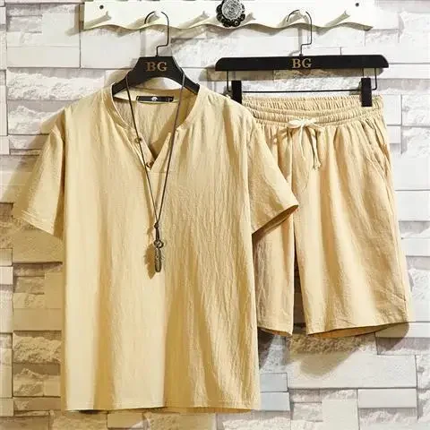 thumbnail image 1 of Conjunto de chándal para hombre, camiseta y pantalones cortos, sin logotipo, chándal de lino, sudaderas, tendencias, disfraces, pantalones cortos para hombre, ropa barata, verano, 5xl, 1 of 5