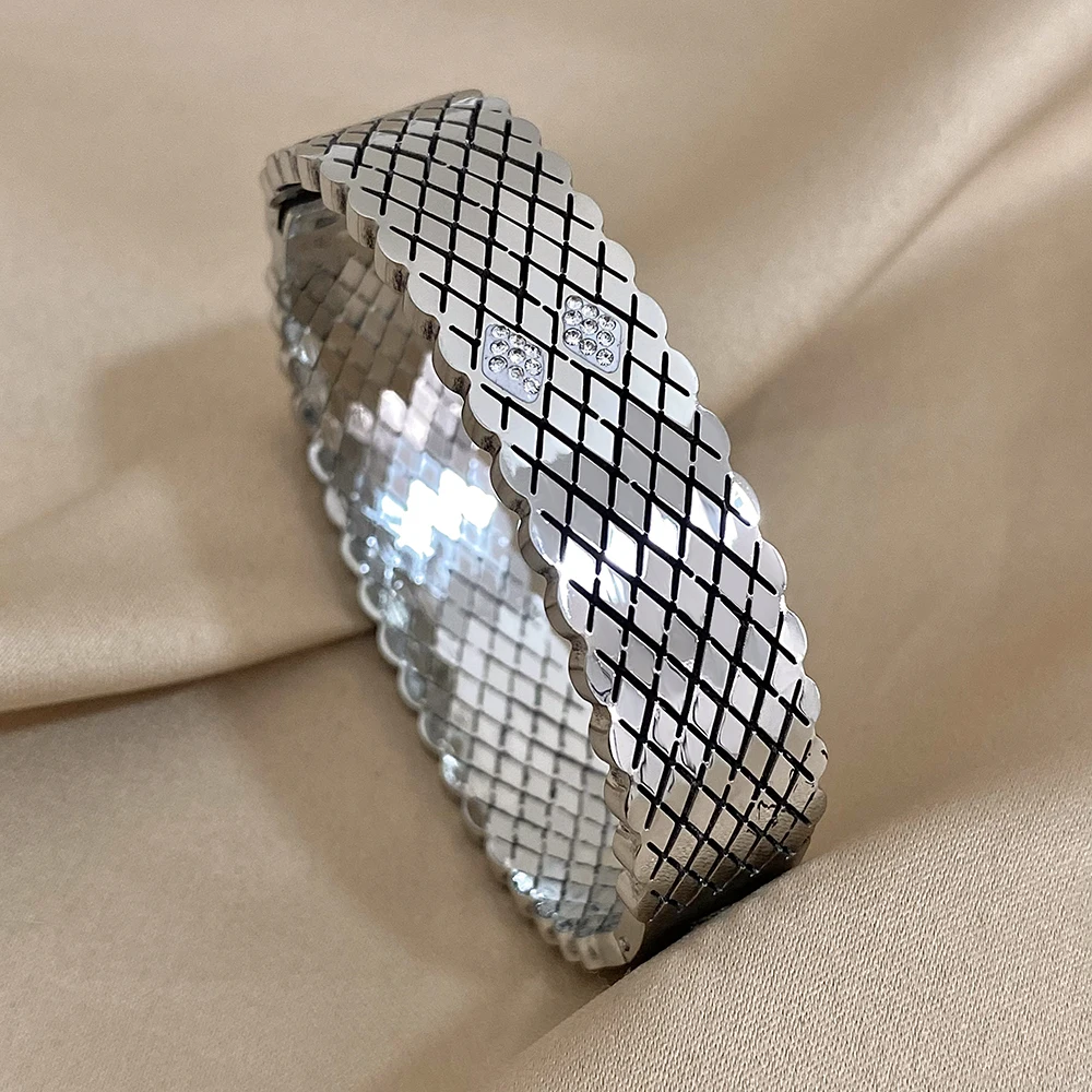 Stainless Steel Corssed Rhombus Grid Bracelet Bangle for Women Waterproof Rhinestones Cuff Bracelet Wristband Jewelry Gifts 3